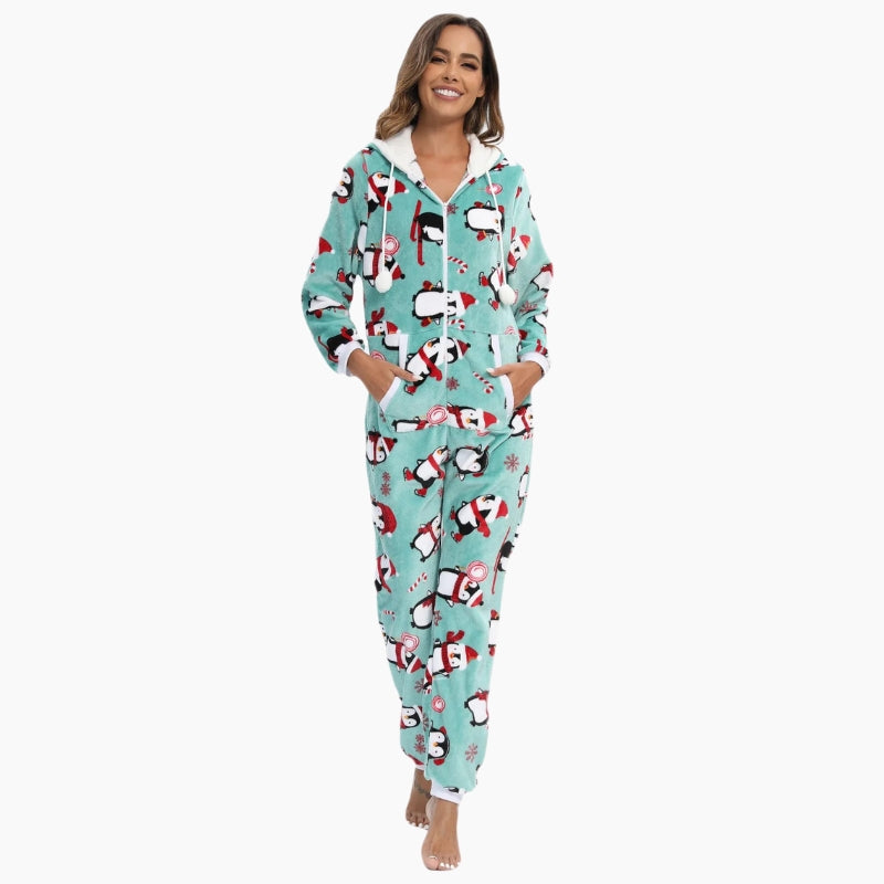 Combinaison verte à motifs pingouins et capuche oreilles