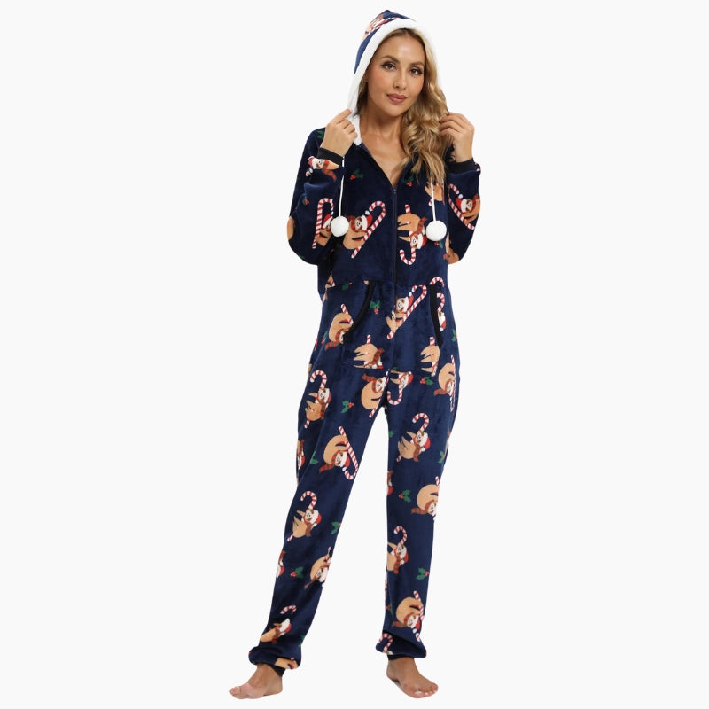 Combinaison polaire bleu marine avec motifs de Noël et capuche