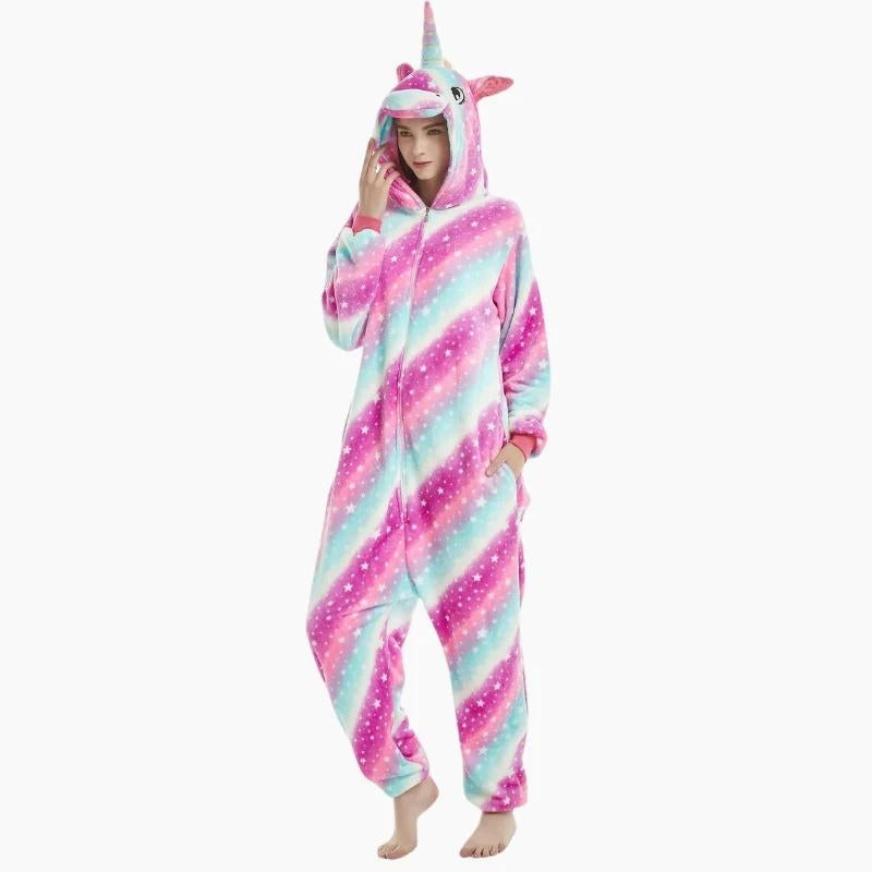 Combinaison licorne rose et bleu avec capuche et corne