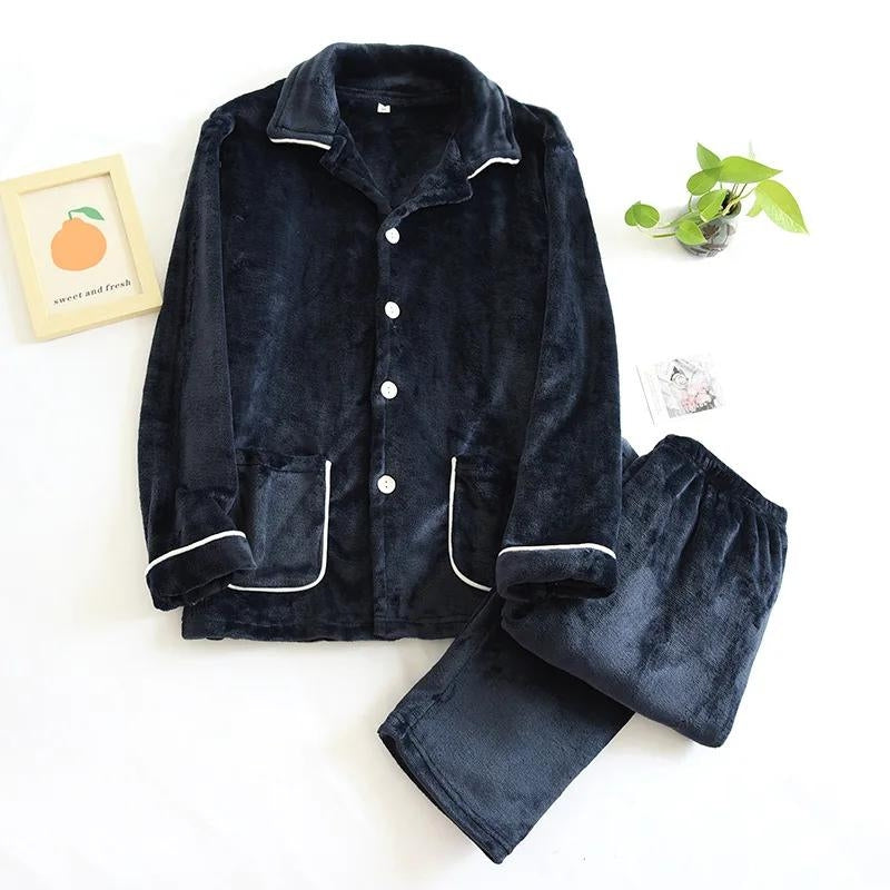 Pyjama homme bleu marine en polaire avec col replié