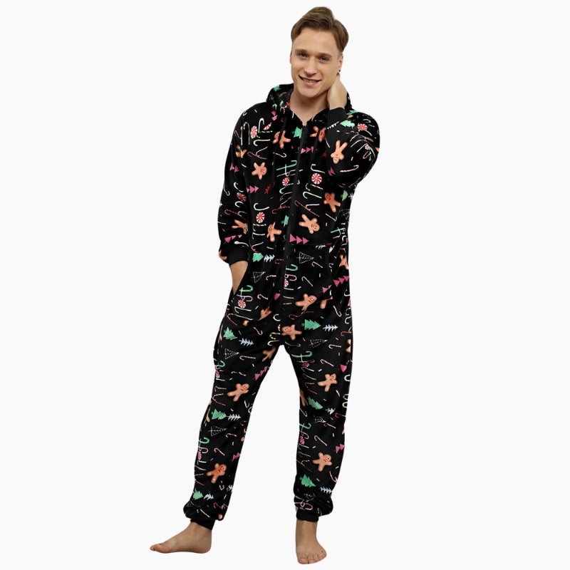 Combinaison pyjama polaire noire avec motifs de Noël pour homme