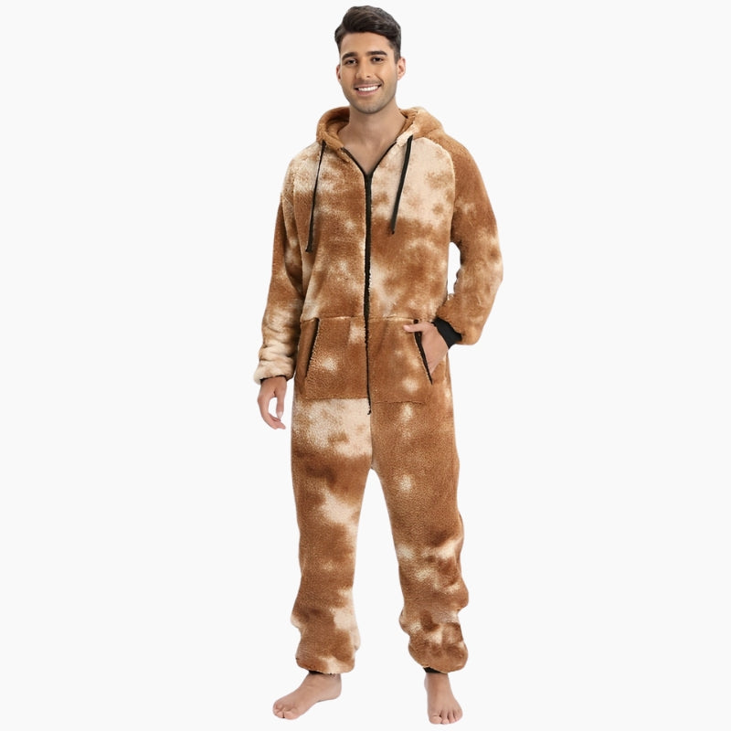 Grenouillère homme marron beige avec capuche et fermeture éclair