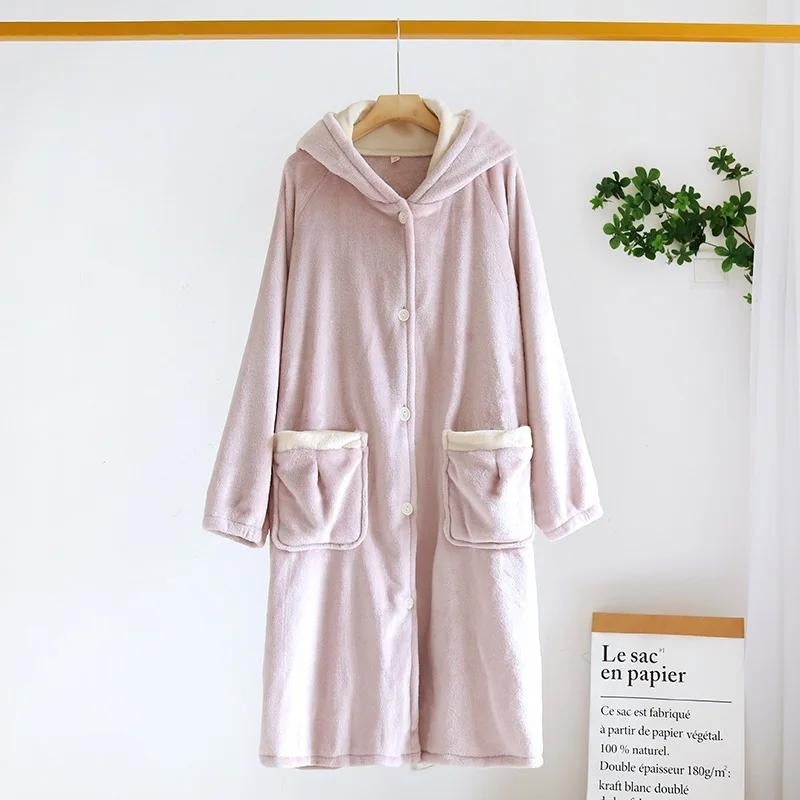 Robe de chambre polaire rose avec capuche et poches avant