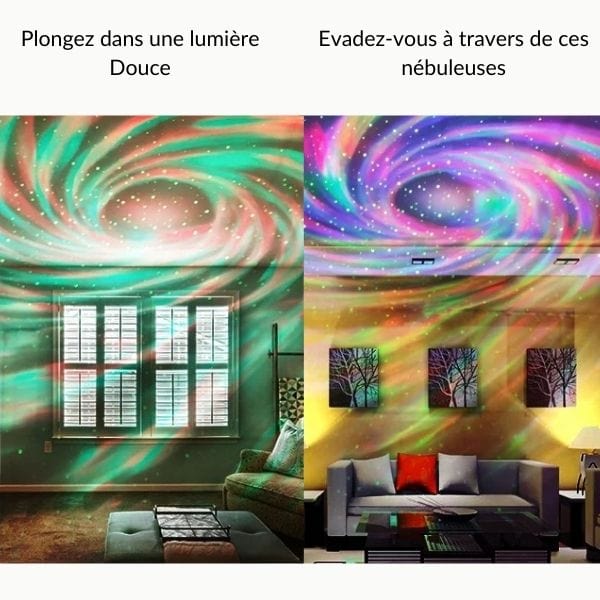 Vue rapprochée d'un projecteur LED avec tourbillons colorés