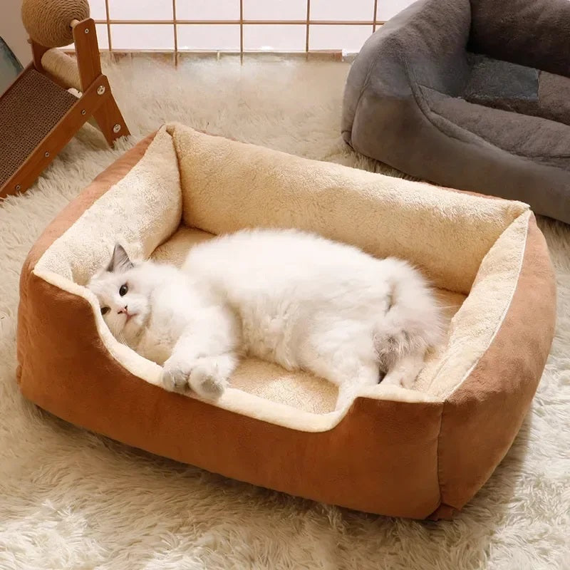 Panier marron en peluche douce pour animaux de compagnie