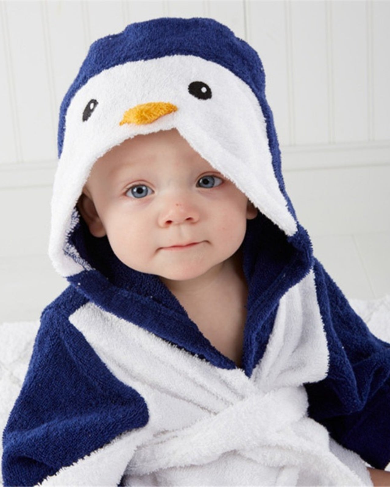Peignoir bébé pingouin bleu marine en coton