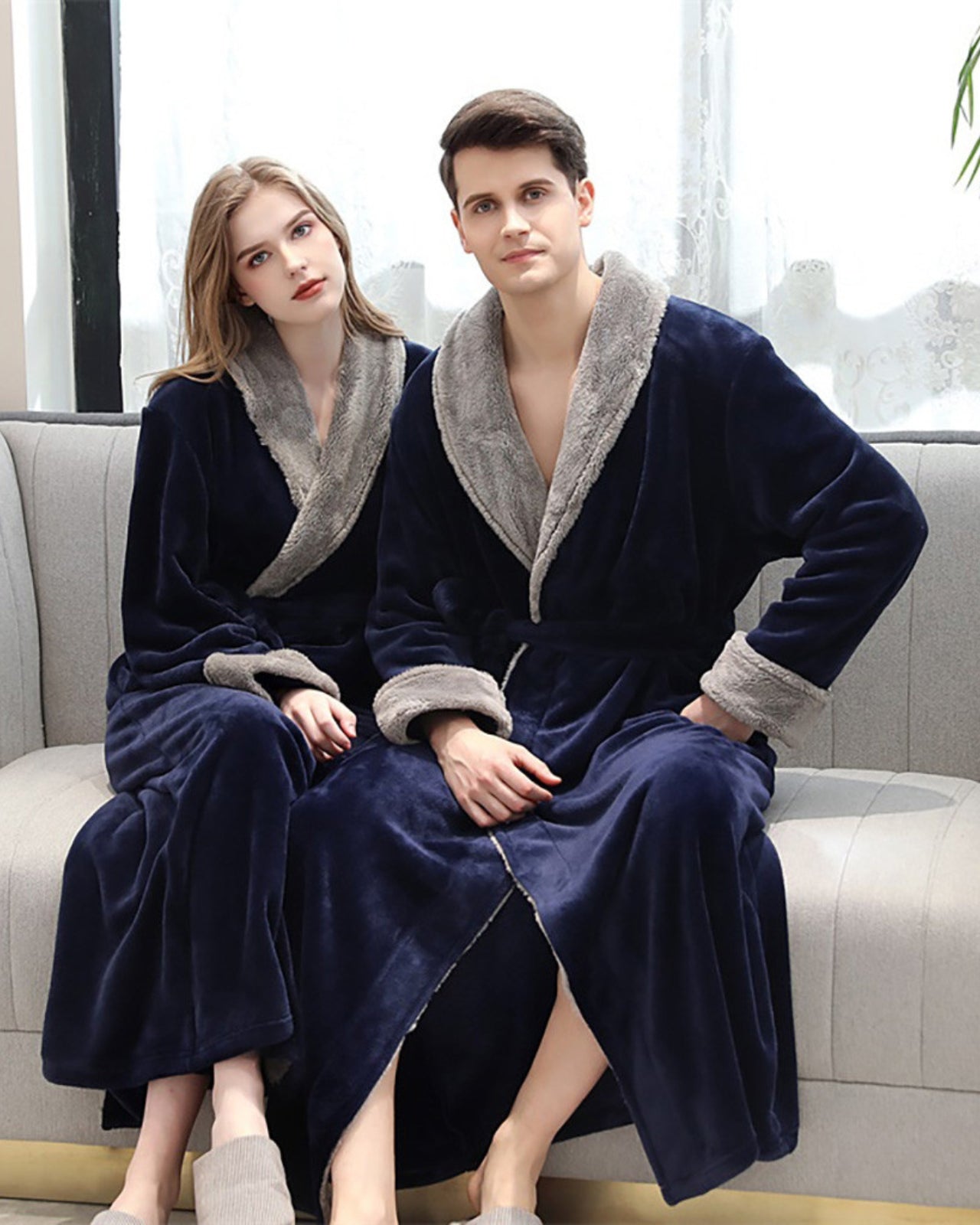 Peignoir couple polaire épais avec moumoute bleu