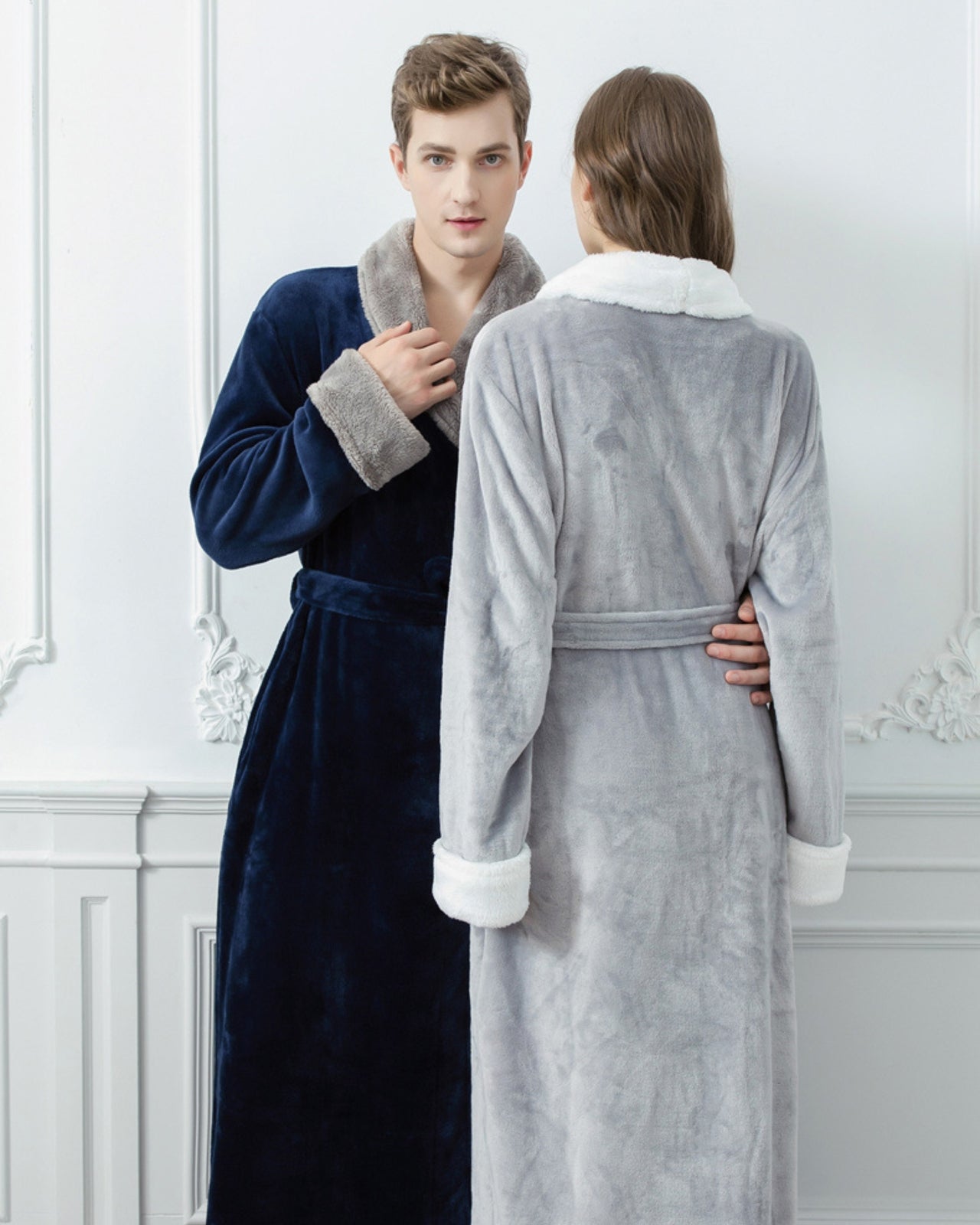 Peignoir couple polaire épais avec moumoute bleu et gris