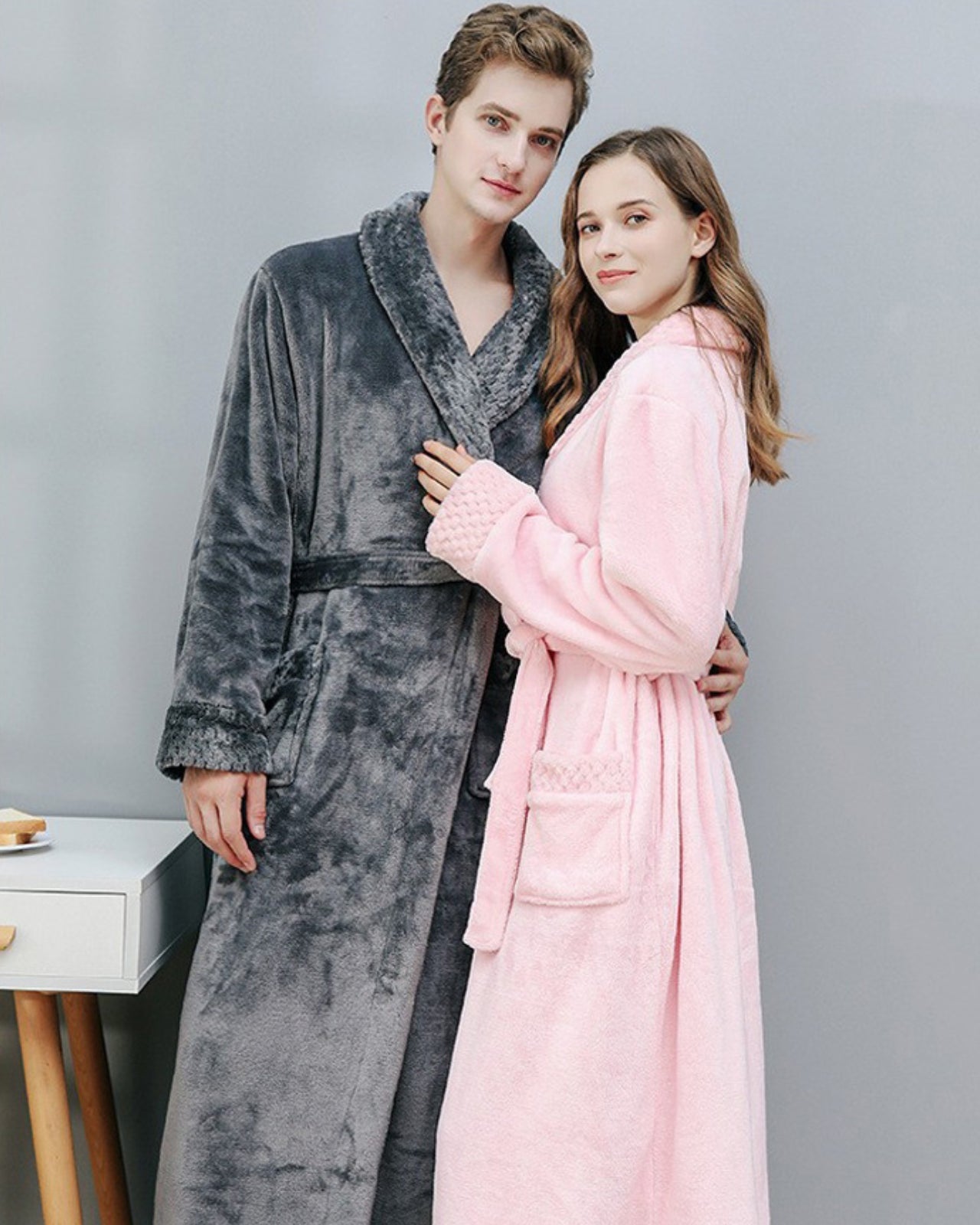 Peignoir couple polaire épais avec moumoute gris et rose