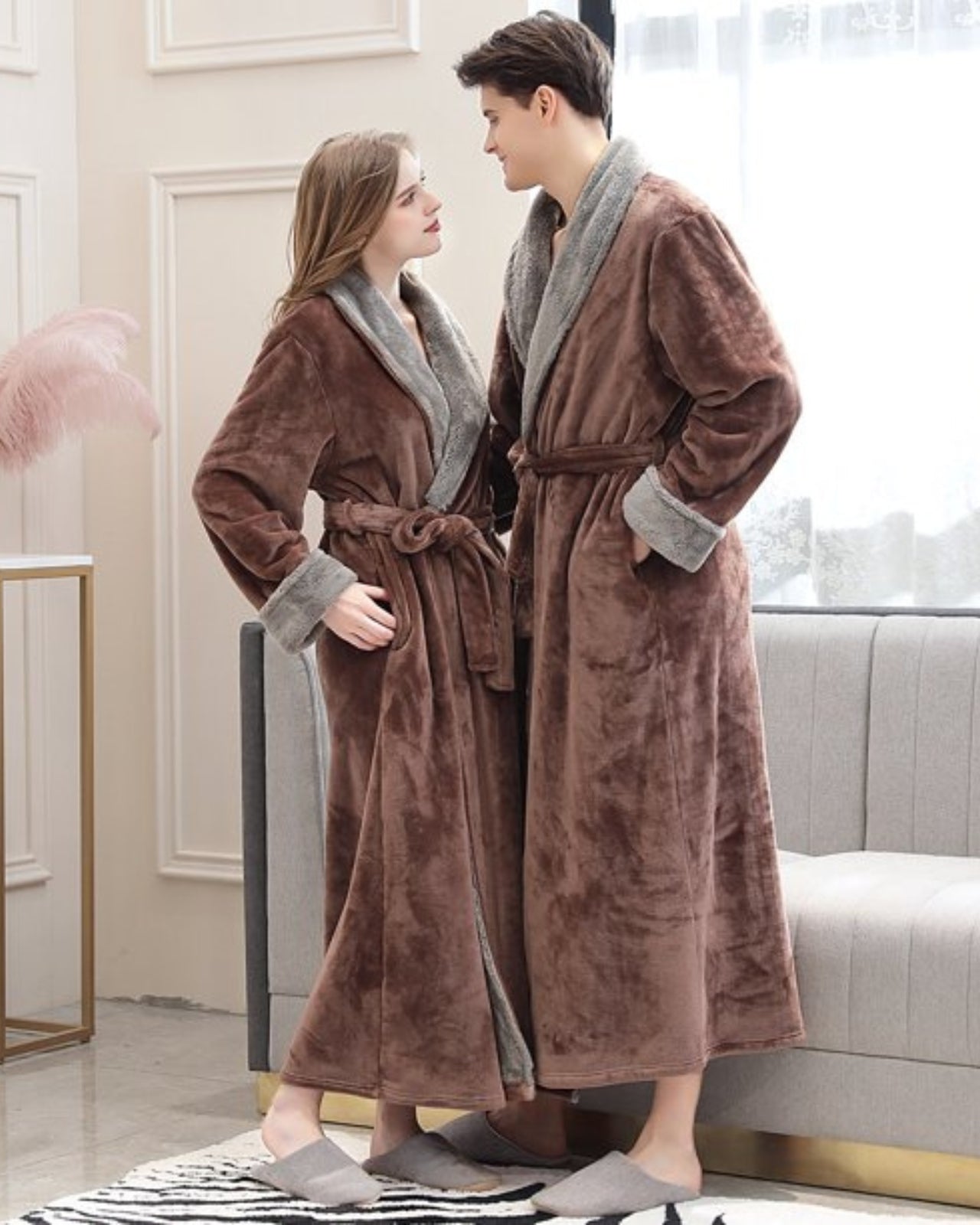 Peignoir couple polaire épais avec moumoute marron
