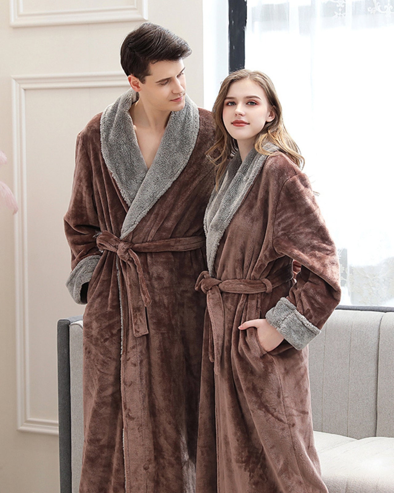 Peignoir couple polaire épais avec moumoute marron