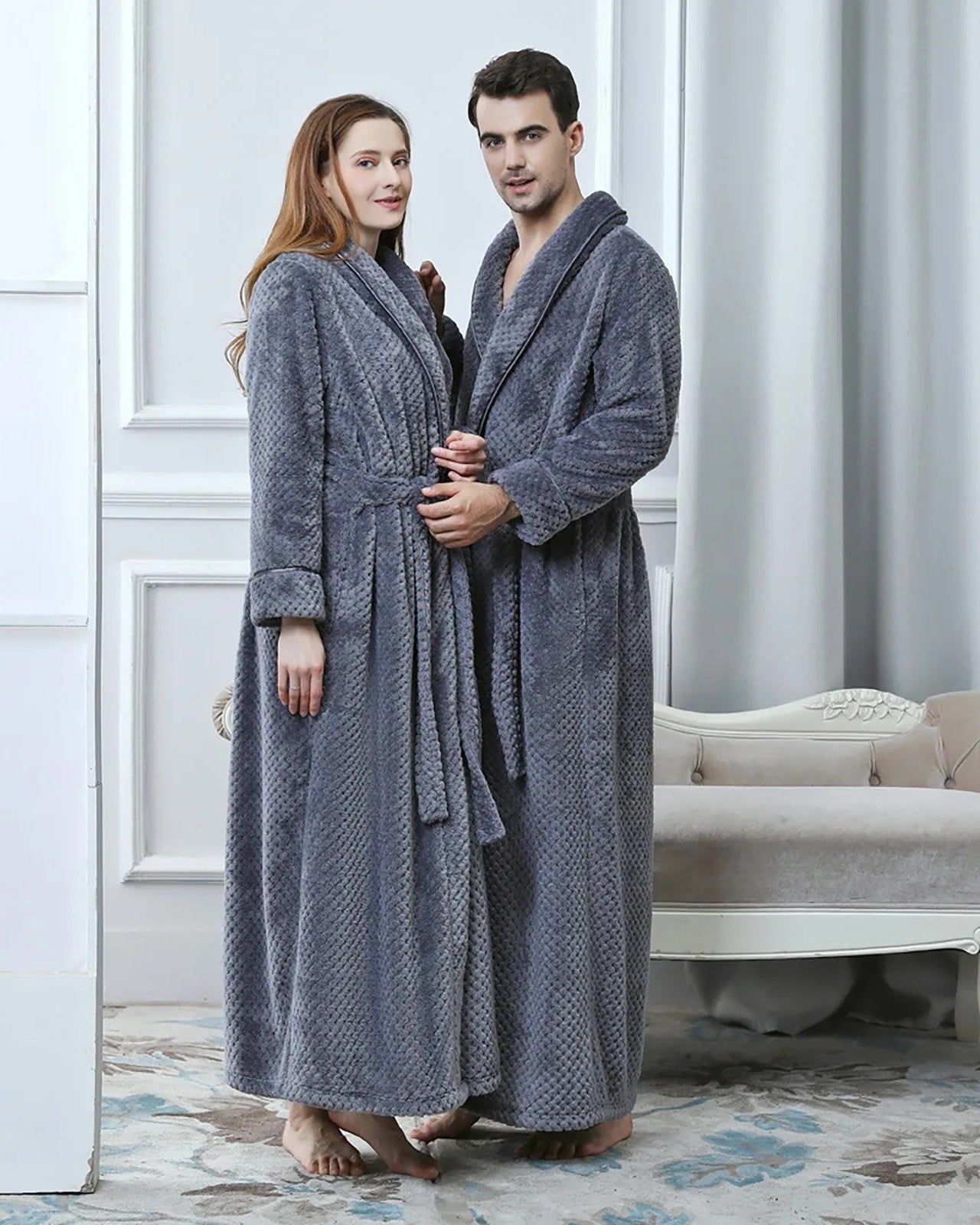 Peignoir couple polaire ultra doux gris