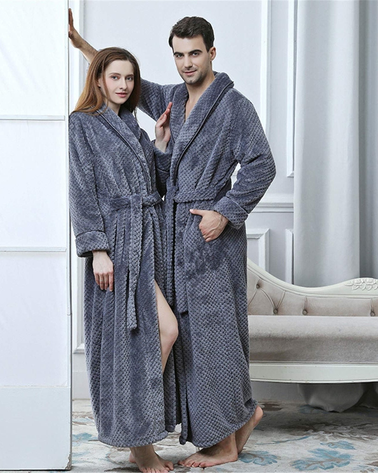 Peignoir couple polaire ultra doux gris