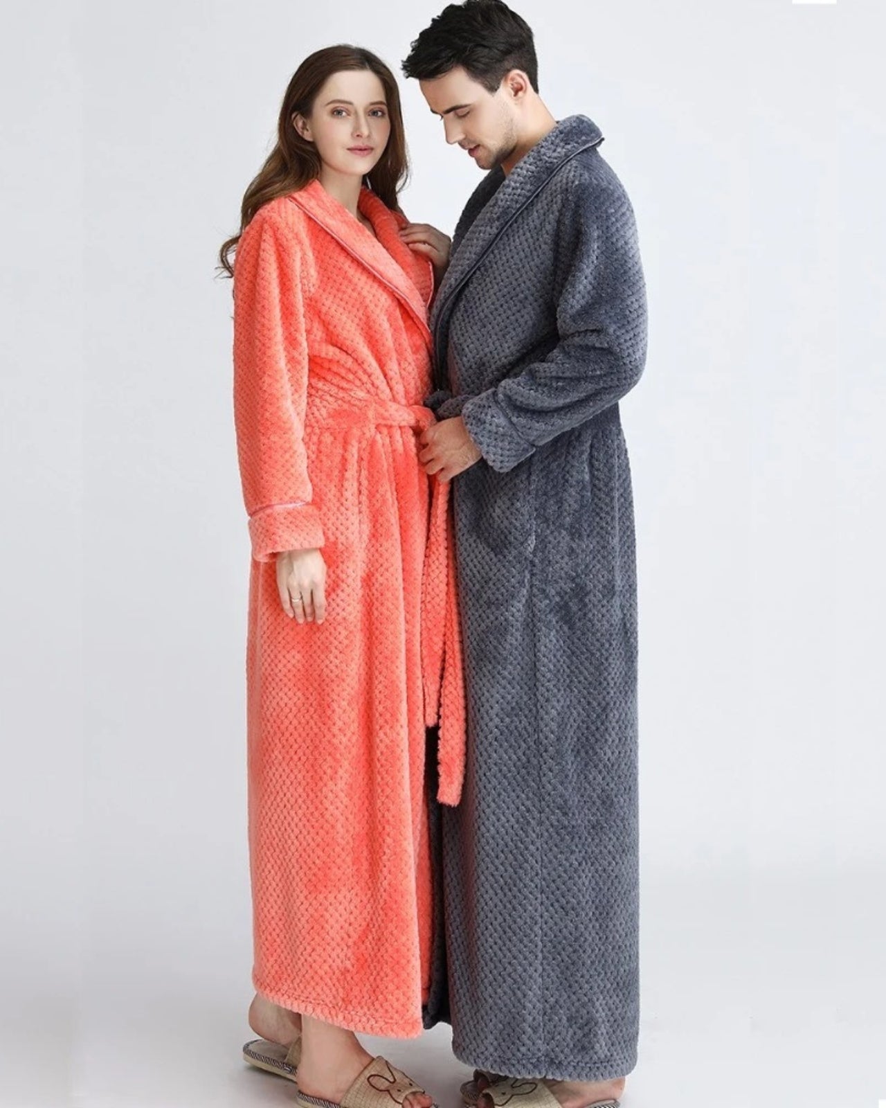 Peignoir couple polaire ultra doux gris et saumon