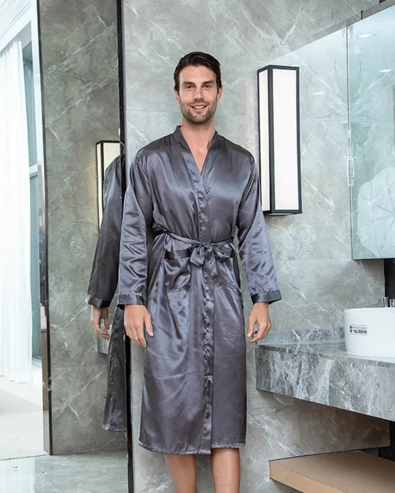 Peignoir homme en satin gris kimono d’été