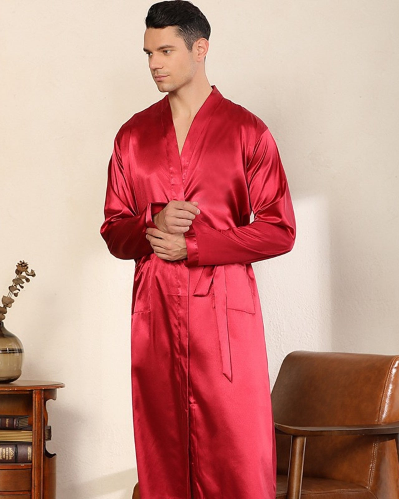 Peignoir homme en satin rouge kimono d’été