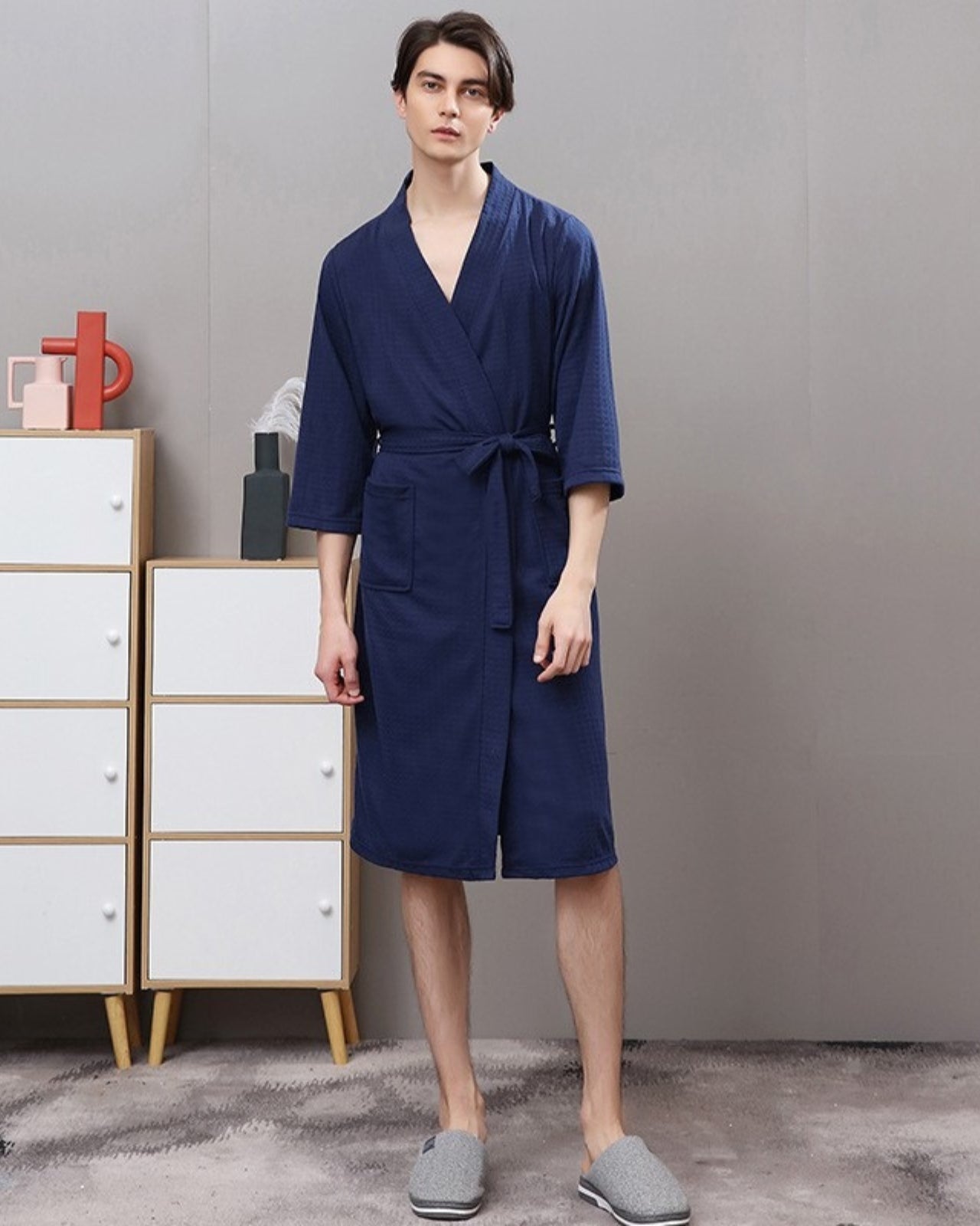 Peignoir homme kimono gaufré spa bleu marine