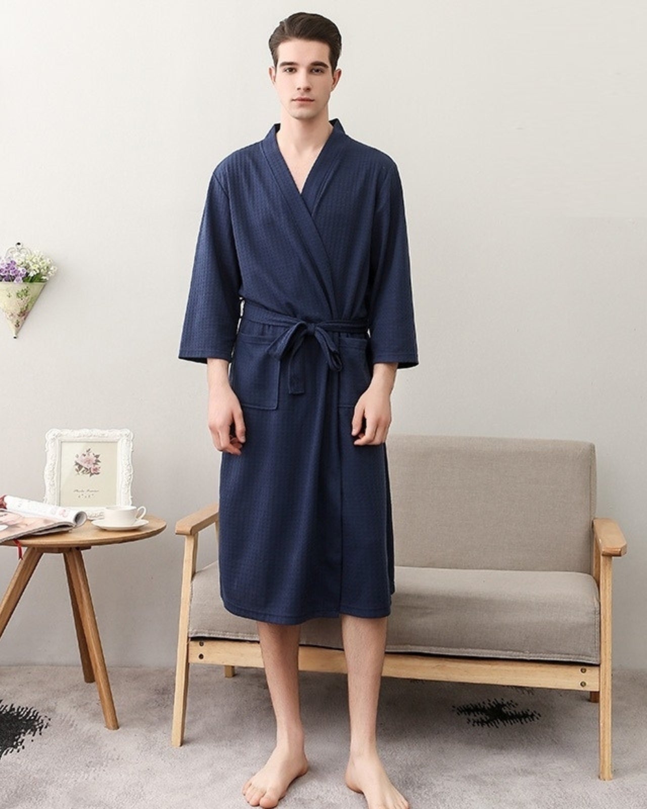 Peignoir homme kimono gaufré spa bleu marine