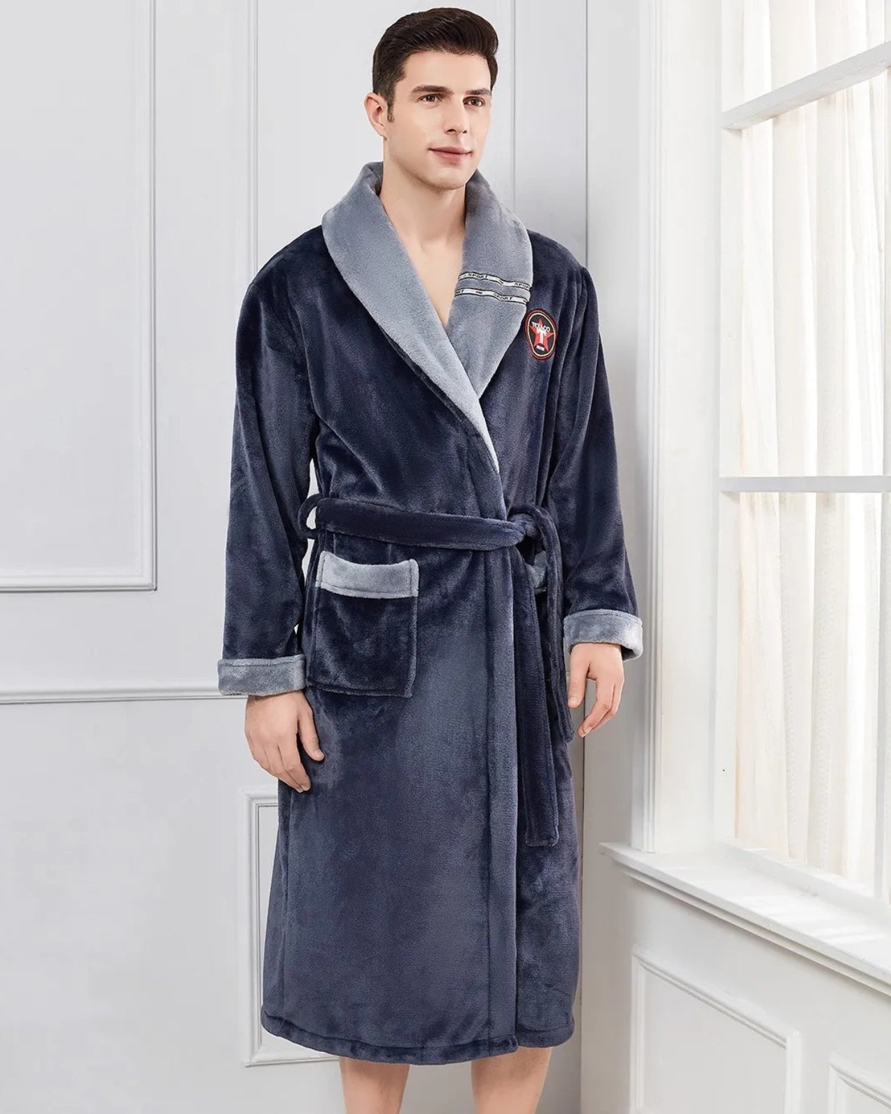 Peignoir homme polaire kimono col en V bleu et gris