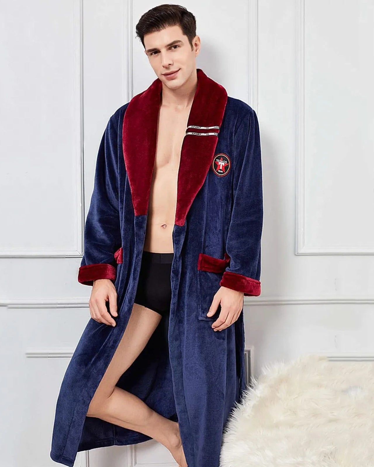 Peignoir homme polaire kimono col en V bleu et rouge