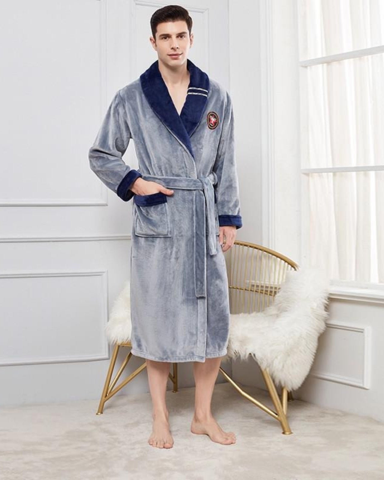 Peignoir homme polaire kimono col en V gris et bleu