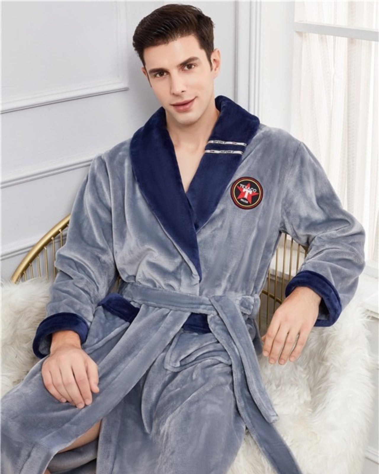 Peignoir homme polaire kimono col en V gris et bleu