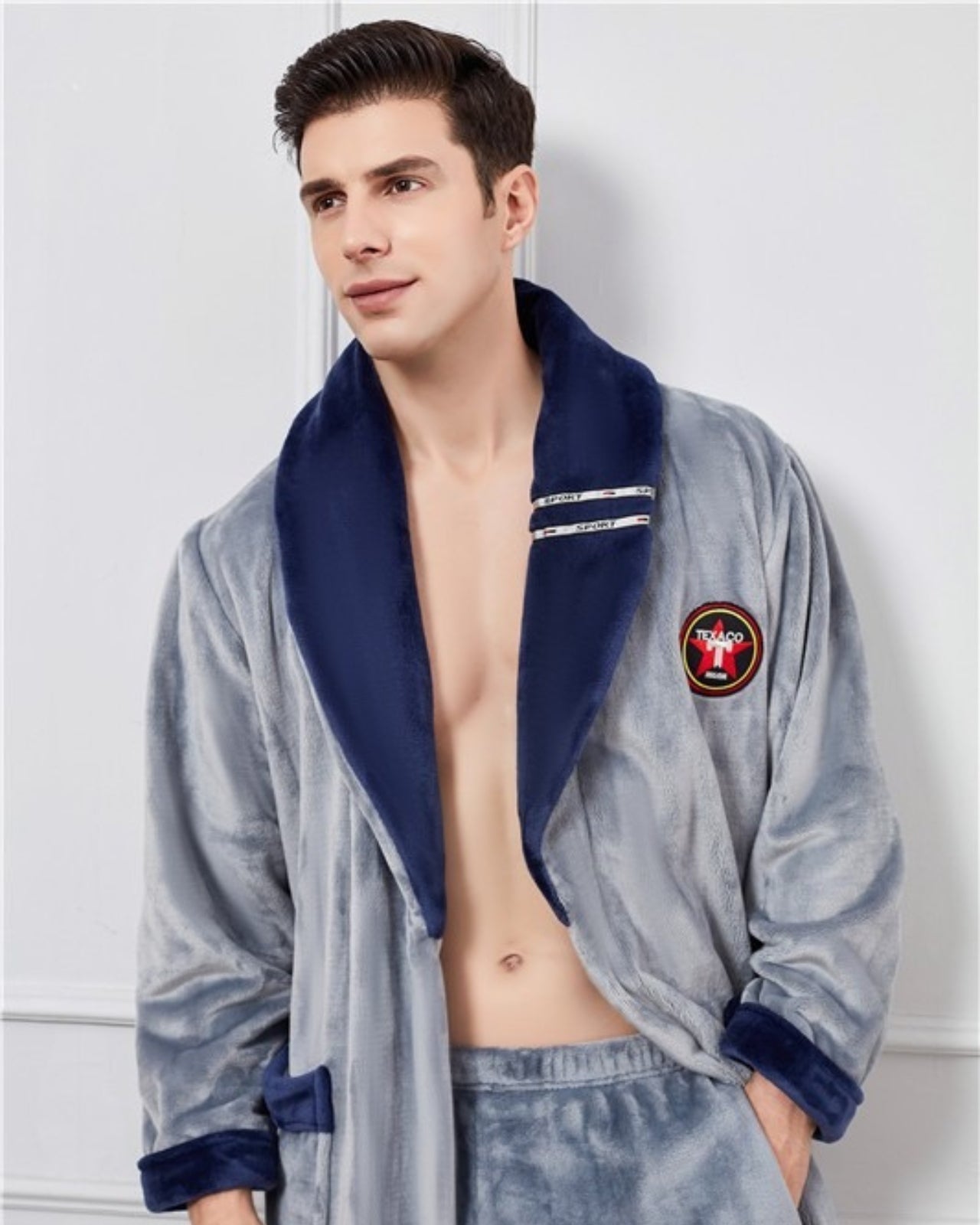 Peignoir homme polaire kimono col en V gris et bleu