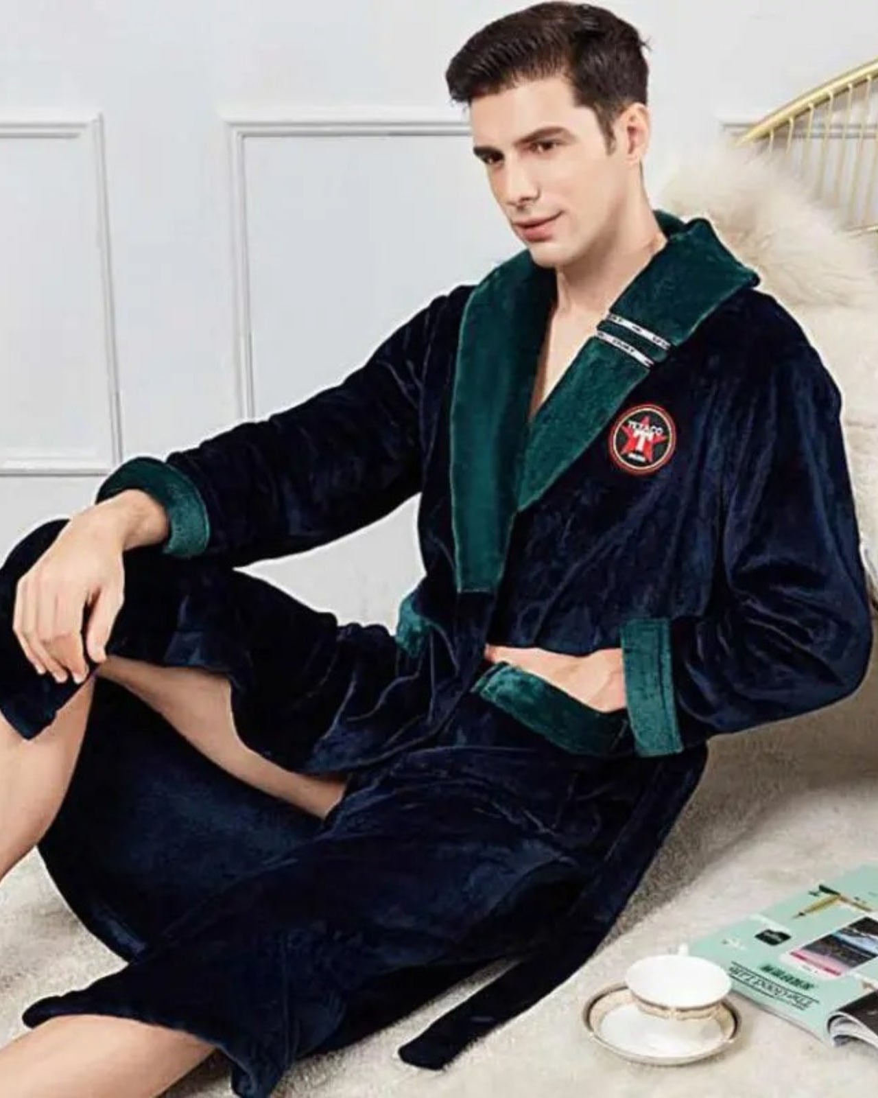 Peignoir homme polaire kimono col en V vert