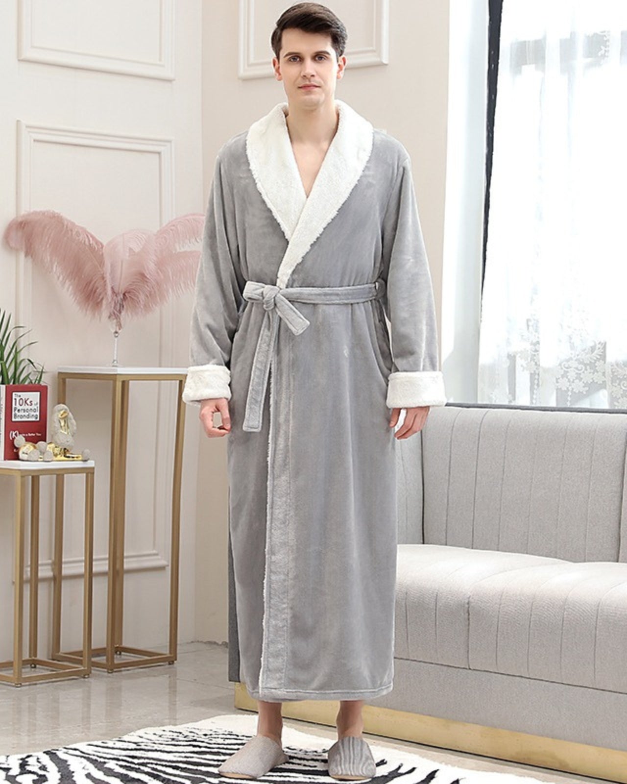 Peignoir homme polaire long et ultra doux gris et blanc