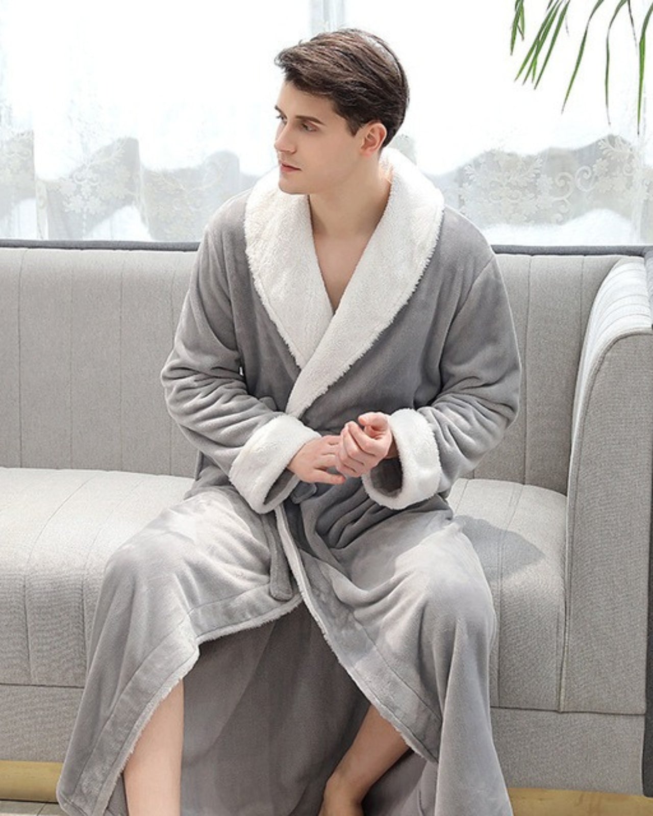 Peignoir homme polaire long et ultra doux gris et blanc
