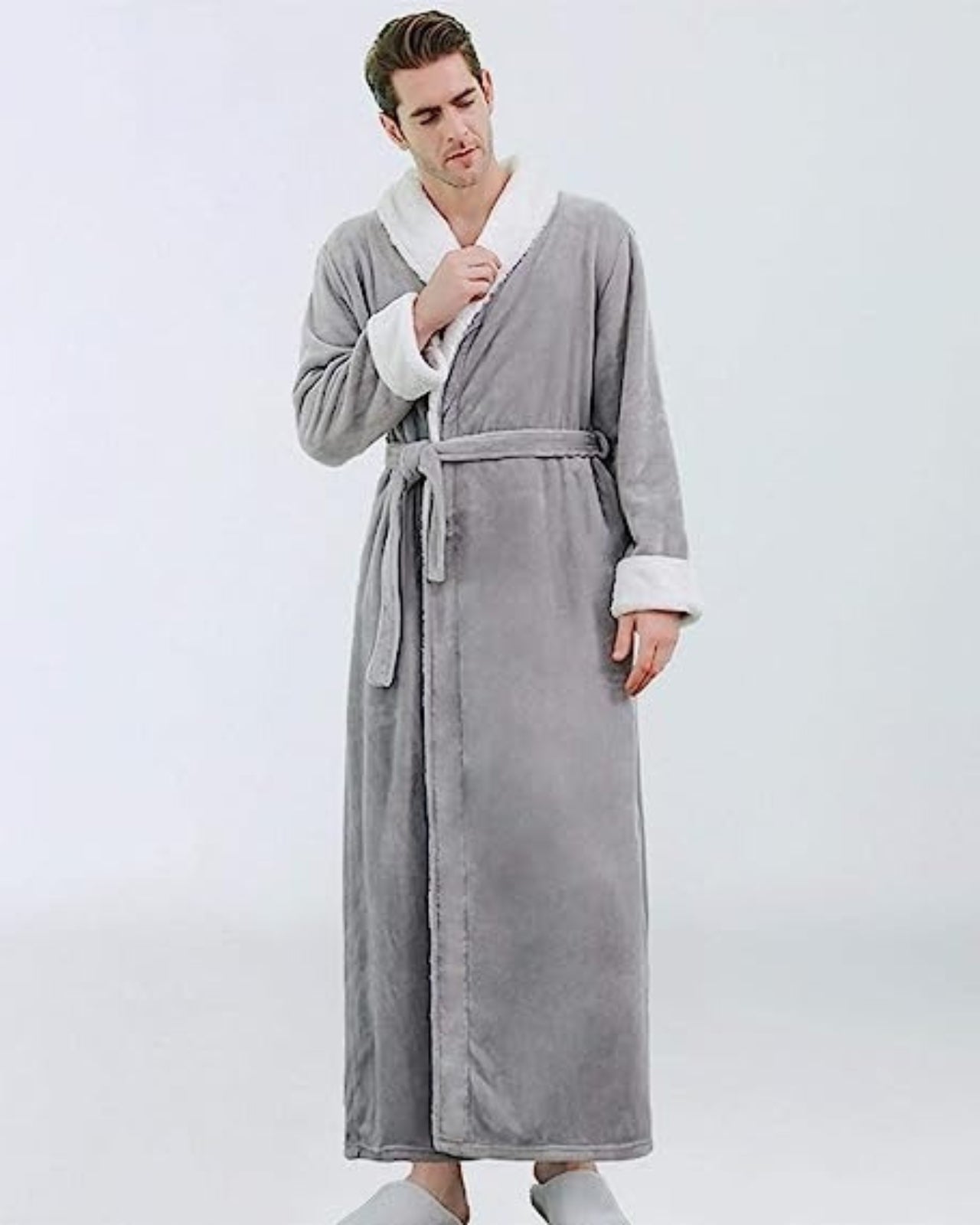 Peignoir homme polaire long et ultra doux gris et blanc