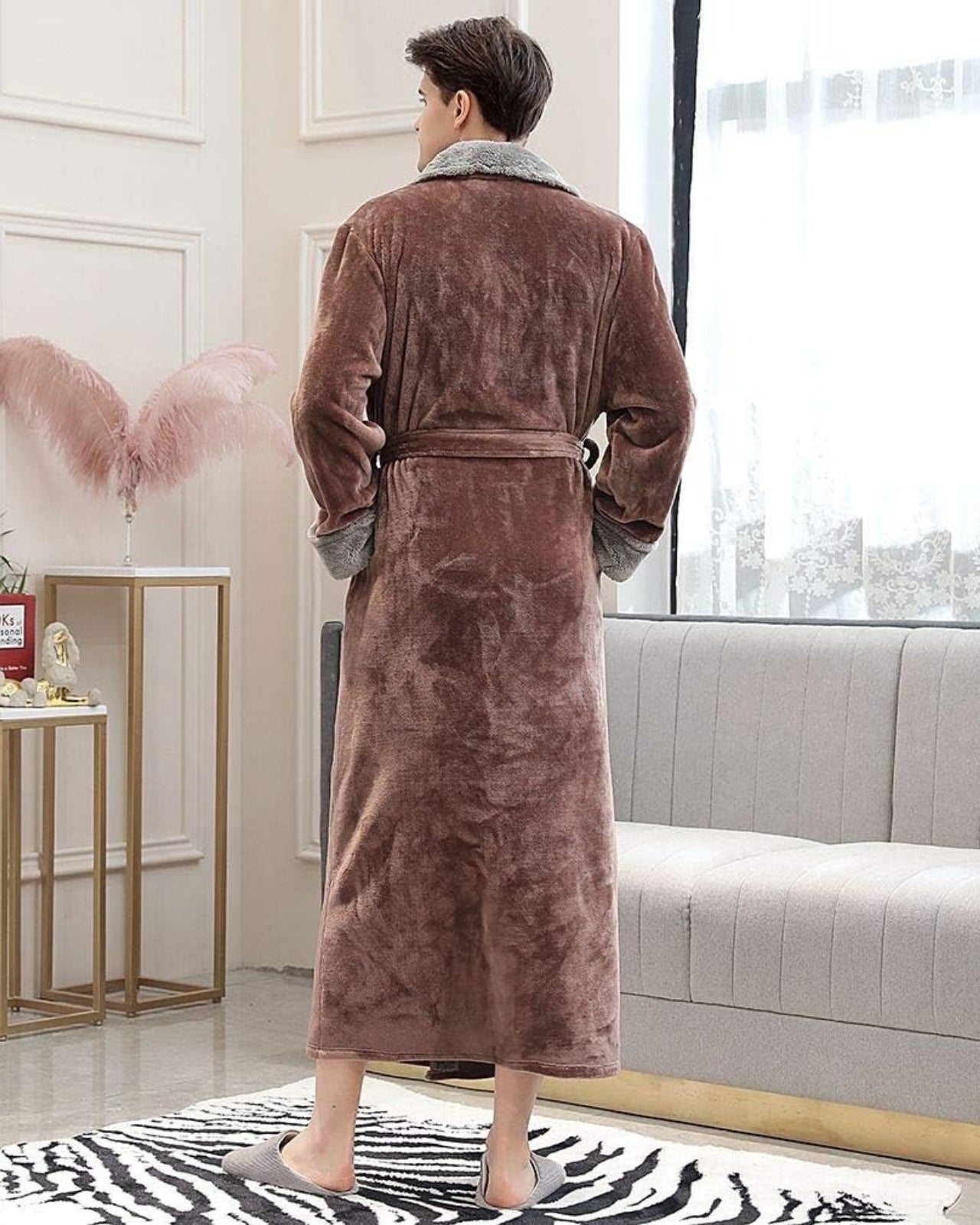 Peignoir homme polaire long et ultra doux marron et gris