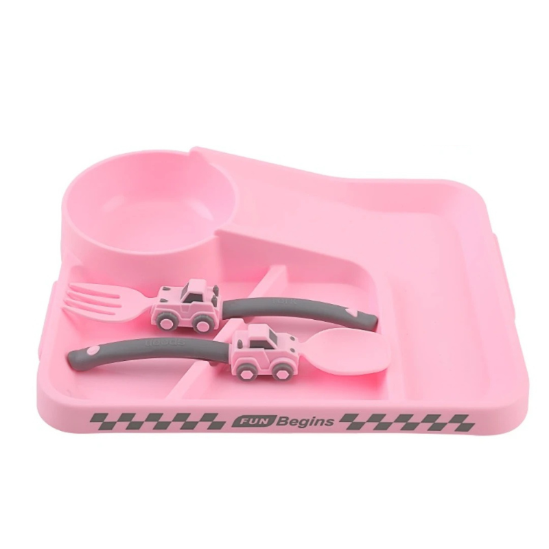 Assiette rose attrayante pour encourager l'autonomie alimentaire