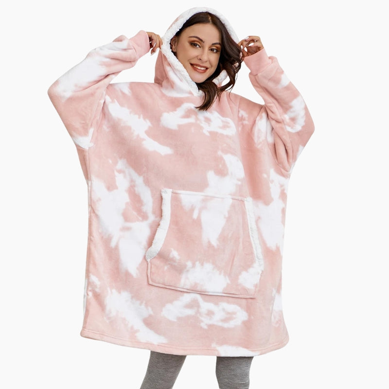 Plaid rose à manches avec poche kangourou et capuche