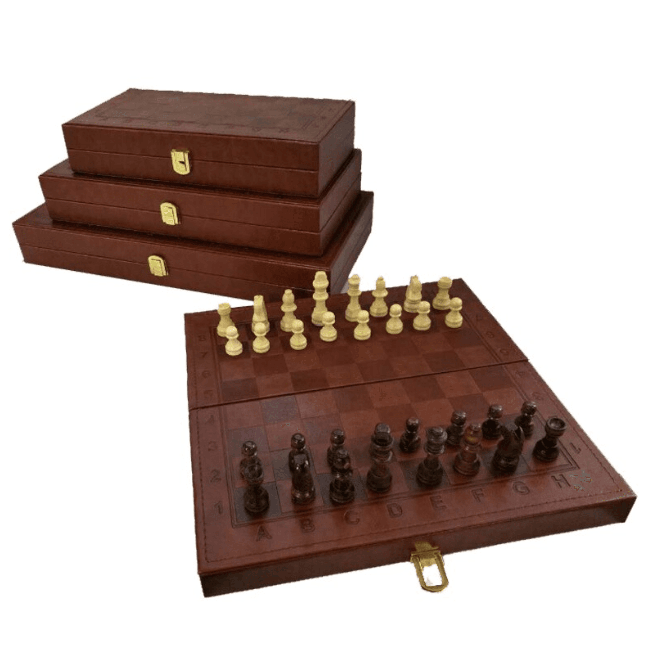 Plateau d'échecs en cuir avec pièces en bois et feutrine