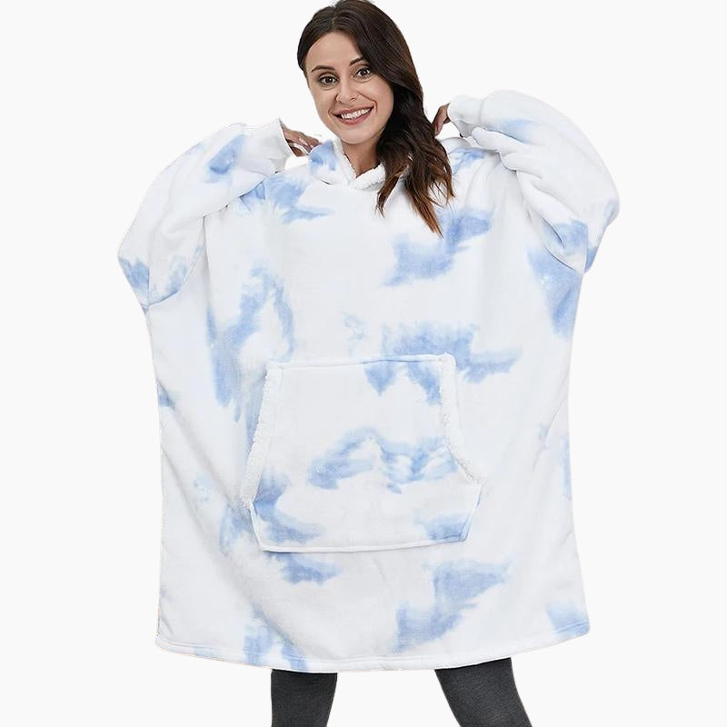 Pull plaid bleu ciel avec capuche et poche kangourou