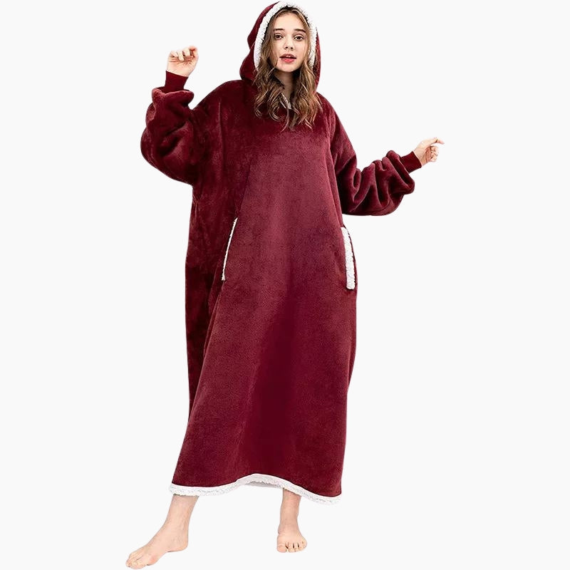 Pull plaid long rouge bordeaux avec capuche et poches