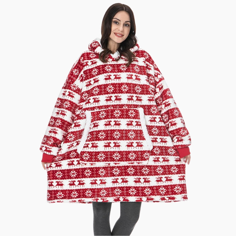 Pull plaid rouge avec motifs de Noël blancs