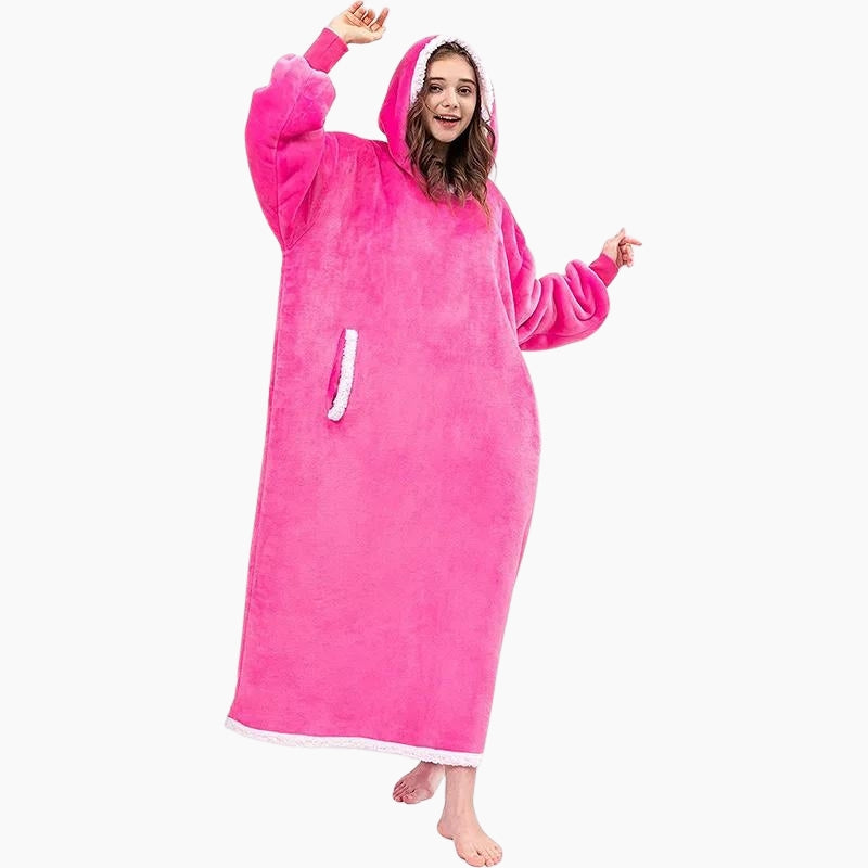 Pull plaid XXL rose en matière douce avec capuche