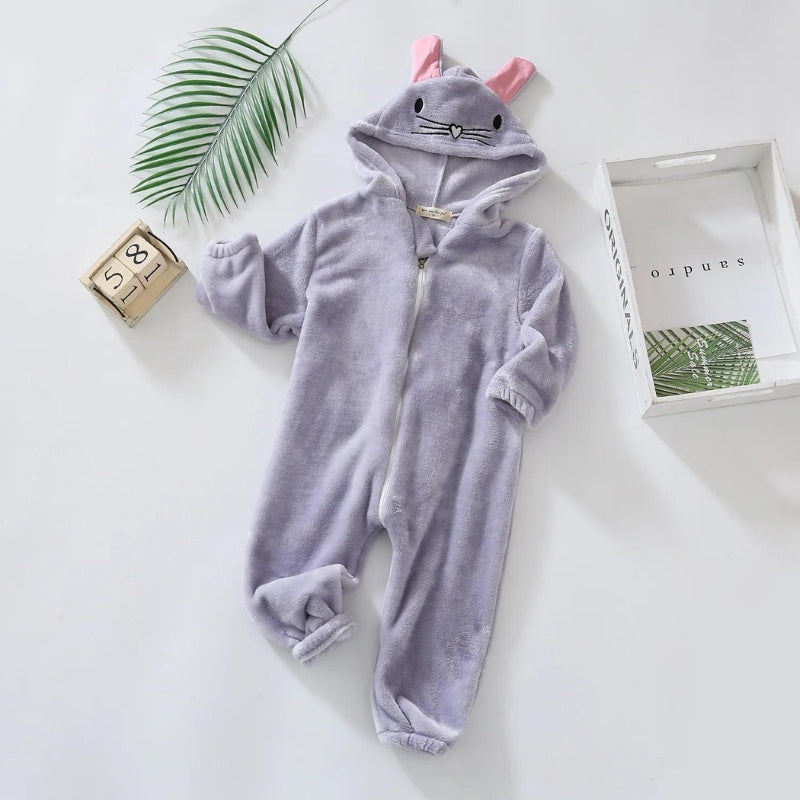 Pyjama bébé gris en polaire avec capuche oreilles lapin
