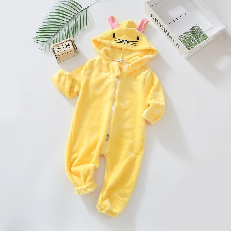 Pyjama bébé jaune en polaire avec capuche à oreilles