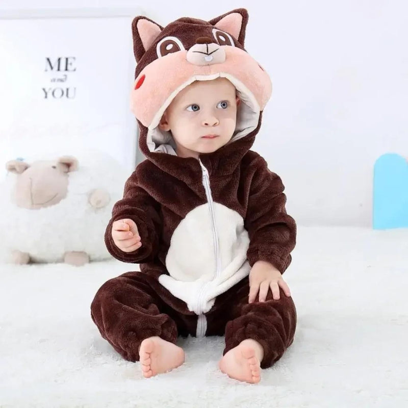 Pyjama bébé marron en polaire avec capuche écureuil