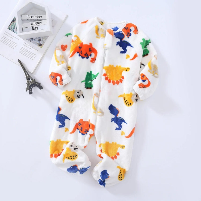 Pyjama bébé blanc avec motifs dinosaures colorés en polaire