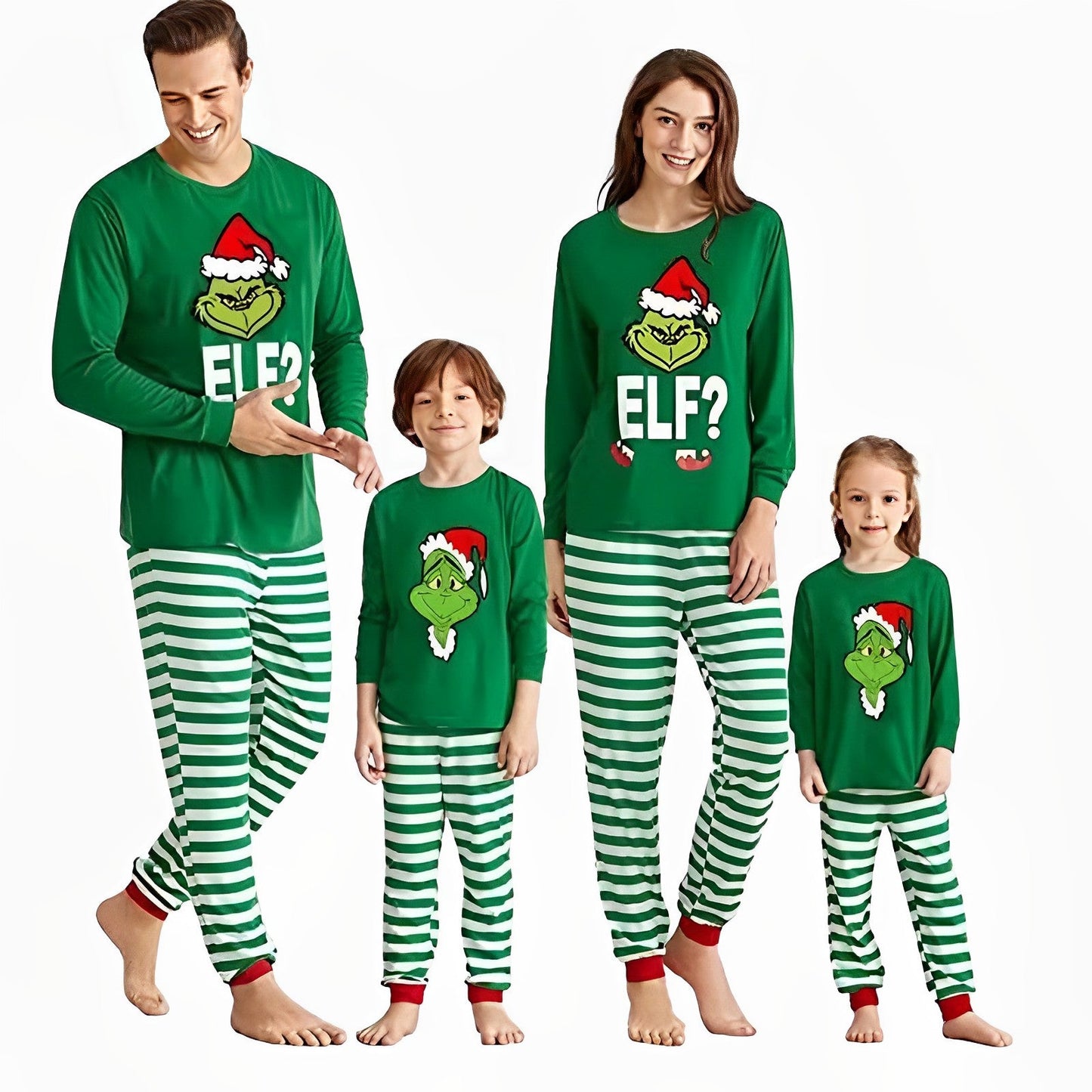 Pyjama vert Grinch pour toute la famille sur fond blanc
