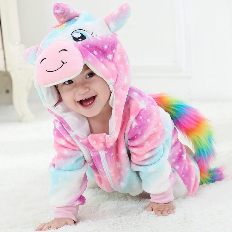 Pyjama bébé licorne multicolore en Pilou polaire avec capuche