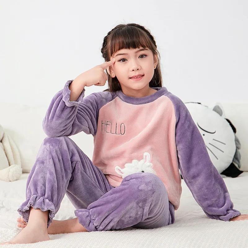 Pyjama polaire fille rose-violet avec motifs amusants
