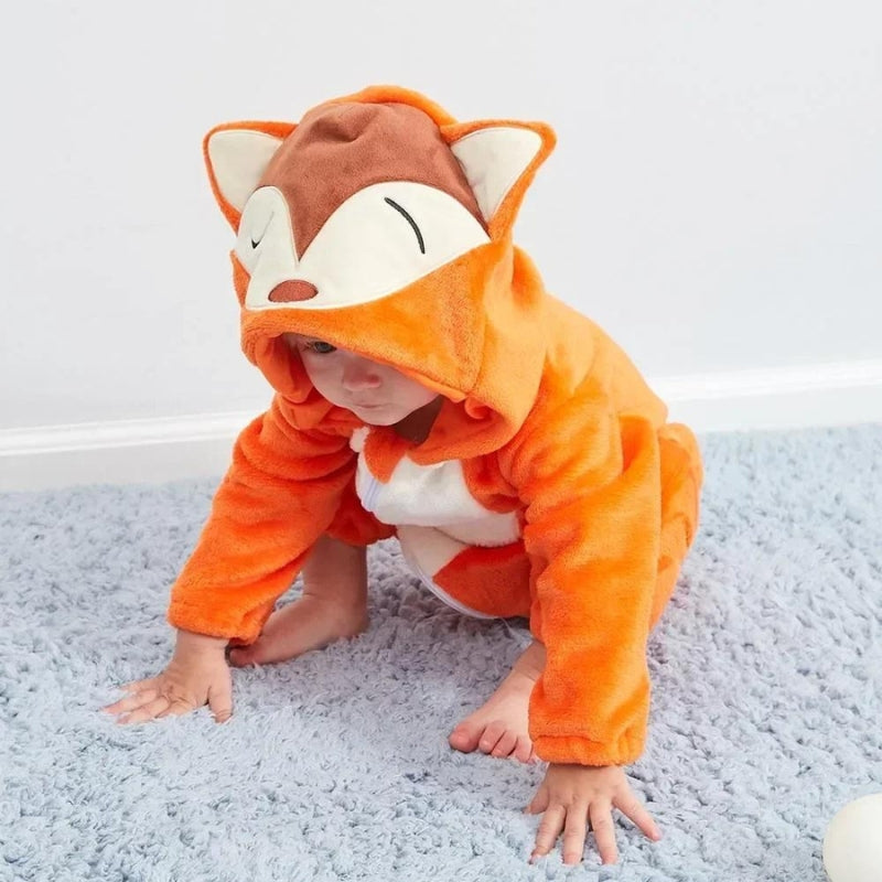Pyjama bébé orange avec capuche visage de renard en polaire