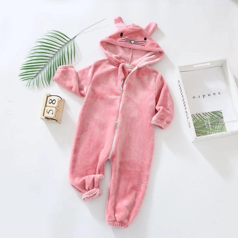 Pyjama bébé rose en polaire avec oreilles de lapin brodées