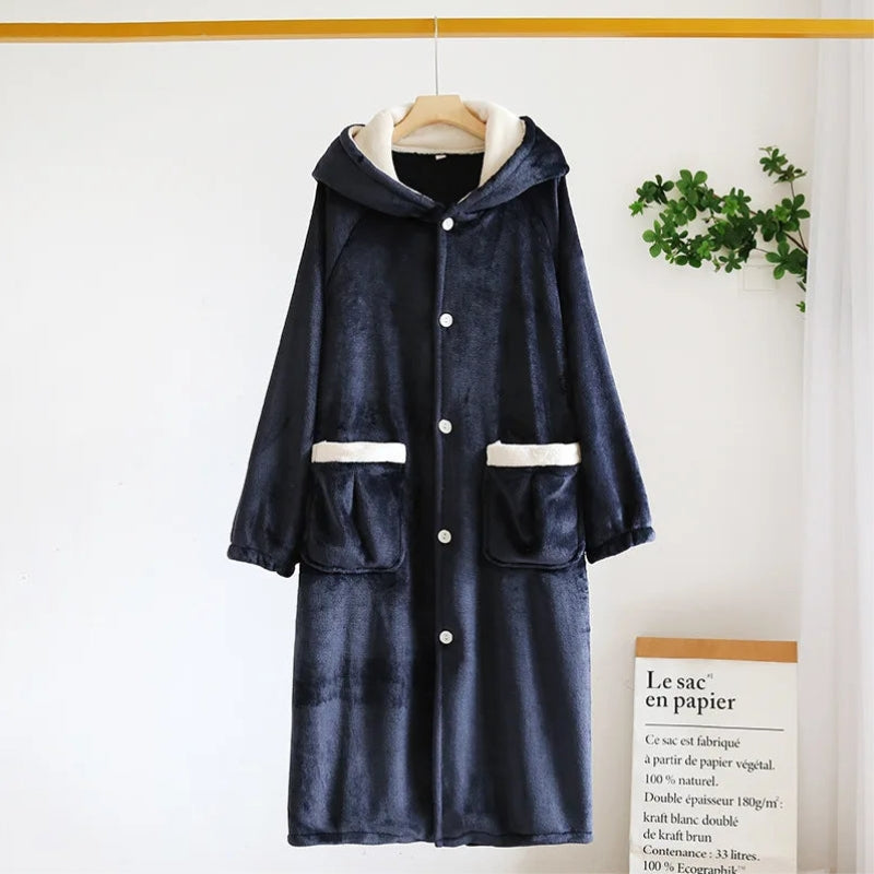 Robe de chambre polaire bleu marine pour homme avec ceinture