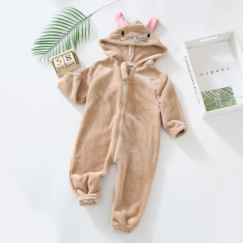 Surpyjama bébé beige en polaire avec oreilles de lapin roses
